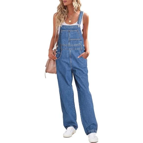 Overalls Women Loose Fit Denim Bib Baggy Overall Jumpsuit Straight Wide Leg - Picture 1 of 8